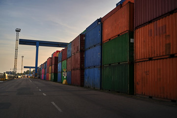 industrial port with containers. Container stacks at sea port container terminal