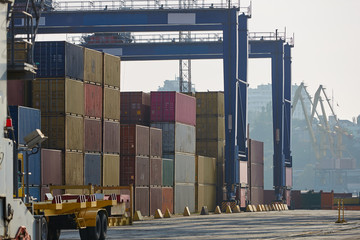 industrial port with containers. Container stacks at sea port container terminal