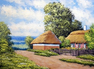 Fototapeta na wymiar Oil paintings, old wooden house in the village