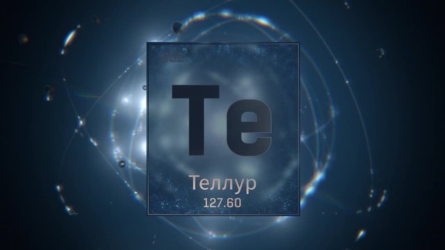 Tellurium as Element 52 of the Periodic Table. Seamlessly looping 3D animation on blue illuminated atom design background orbiting electrons name, atomic weight element number in russian language