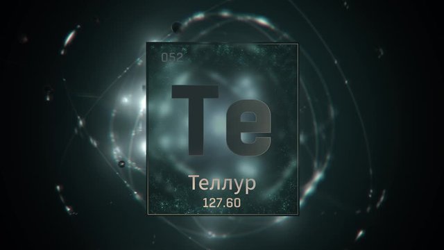 Tellurium as Element 52 of the Periodic Table. Seamlessly looping 3D animation on green illuminated atom design background orbiting electrons name, atomic weight element number in russian language