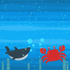 Happy cartoon underwater scene with swimming coral reef fishes illustration