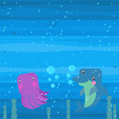 Happy cartoon underwater scene with swimming coral reef fishes illustration