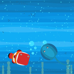 Happy cartoon underwater scene with swimming coral reef fishes illustration