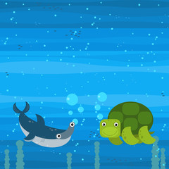 Obraz na płótnie Canvas Happy cartoon underwater scene with swimming coral reef fishes illustration