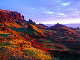 Panoramic view of the ridge of Quiraing from the viewpoint in early morning light