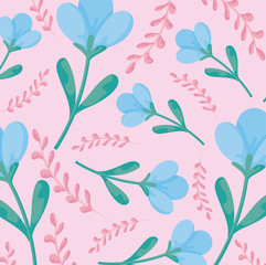 floral background with blue flowers and pink leaves, colorful design