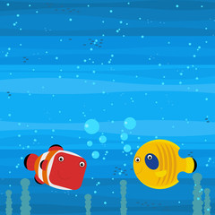 Happy cartoon underwater scene with swimming coral reef fishes illustration