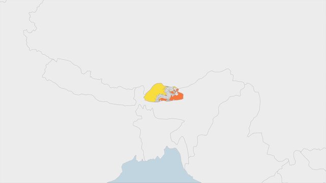 Bhutan map highlighted in Bhutan flag colors and pin of country capital Thimphu.