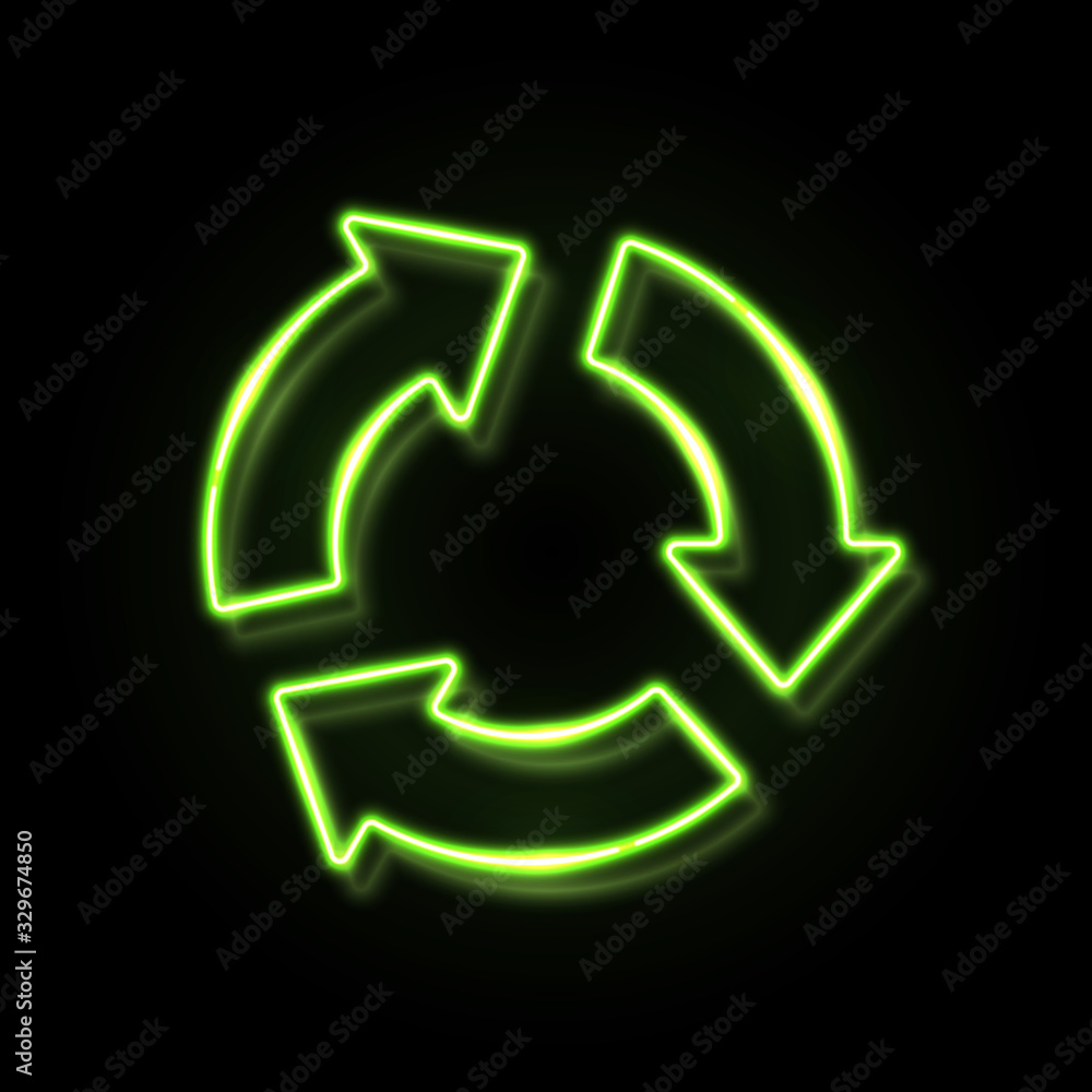 Poster neon light recycling icon isolated on black background. green 3 arrow in circle sign. 3d color glowi