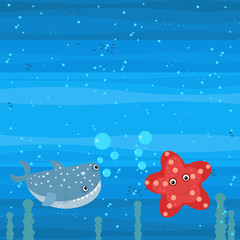 Happy cartoon underwater scene with swimming coral reef fishes illustration