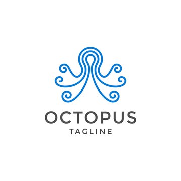 Blue Octopus symbol icon for seafod restaurant or label.  isolated on white background. Vector illustration Logo template design.