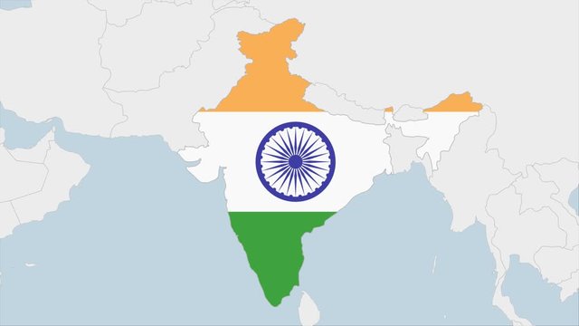 India map highlighted in India flag colors and pin of country capital New Delhi.