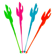 Isolated red, green, orange and blue plastic cactus cocktail stirrers.