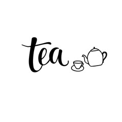 tea sign with doodle illustration cup and teapot for print and decoration shop, cafe, bistro, restaurant. Vector stock illustration isolated on white background. EPS10