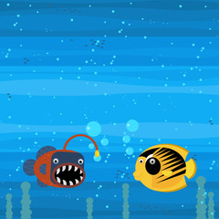 Happy cartoon undersea scene with swimming coral reef fishes illustration