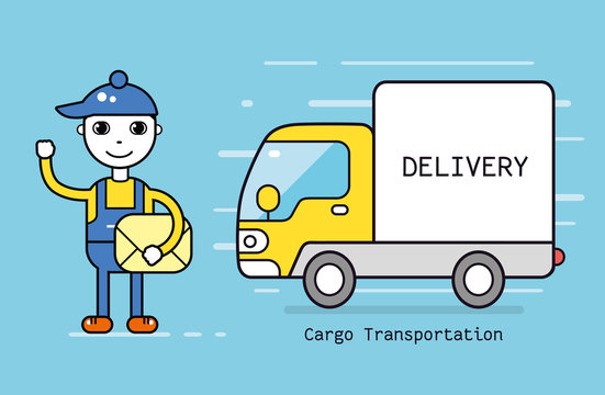 Delivery service courier man holding an envelope or parcel box and a van truck vector illustration