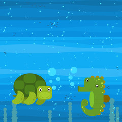 cheerful cartoon underwater scene with swimming coral reef fishes illustration
