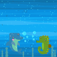 cheerful cartoon underwater scene with swimming coral reef fishes illustration