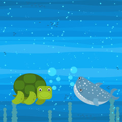 cheerful cartoon underwater scene with swimming coral reef fishes illustration