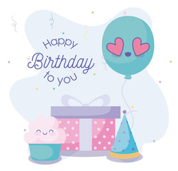 happy birthday design with cartoon balloon, gift box and cute cupcake