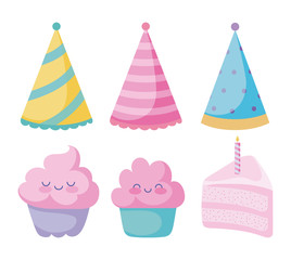 birthday hats, cute cupcakes and cake icon set