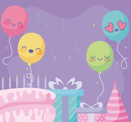 Happy birthday design with cute balloons and gift boxes, birthday cake and party hat over purple background