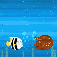 cheerful cartoon underwater scene with swimming coral reef fishes illustration