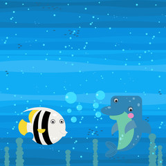 cheerful cartoon underwater scene with swimming coral reef fishes illustration