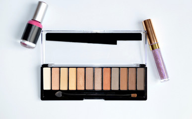 Eye contouring palette with nude sparkle and matte eye shadow, pink liquid rouge,shiny lip gloss isolated on white background