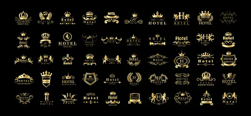Fotobehang Golden Hotel Luxury Logo Set - Isolated On Black Background, Vector.Icons Collection Of Golden Hotel Logo, Emblem And Label.Useful For Badge,Seal And Design Template.Vector Illustration Of Luxury Logo © milosdizajn