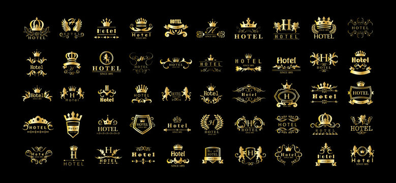 Golden Hotel Luxury Logo Set - Isolated On Black Background, Vector.Icons Collection Of Golden Hotel Logo, Emblem And Label.Useful For Badge,Seal And Design Template.Vector Illustration Of Luxury Logo
