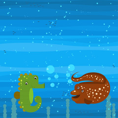 Fototapeta na wymiar Funny cartoon undersea scene with swimming coral reef fishes illustration