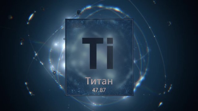 Titanium as Element 22 of the Periodic Table. Seamlessly looping 3D animation on blue illuminated atom design background orbiting electrons name, atomic weight element number in russian language