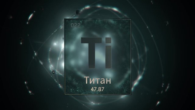 Titanium as Element 22 of the Periodic Table. Seamlessly looping 3D animation on green illuminated atom design background orbiting electrons name, atomic weight element number in russian language