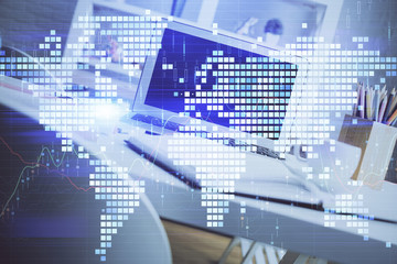 Fototapeta premium Double exposure of business theme icons and work space with computer background. Concept of success.