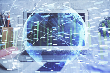 Double exposure of business theme icons and work space with computer background. Concept of success.