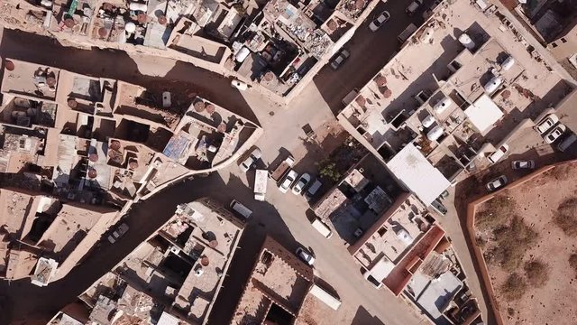 Overhead aerial view of narrow alleys and streets in old residential neighborhood in Southern Riyadh, Saudi Arabia