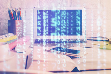 Fototapeta premium Multi exposure of desktop computer and technology theme hologram. Concept of software development.