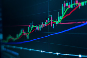 Stock market trading graph and candlestick chart on screen monitor for financial investment and economic concept.