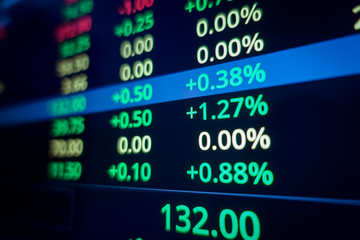 Obraz premium Stock market graph and ticker for businese analysis on LED screen monitor. Finance, Investing and exconomic concept.