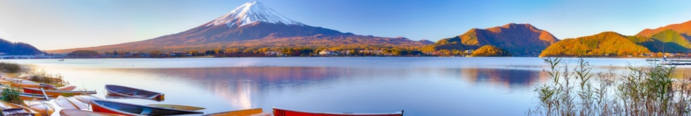 Japan Travel Destinations. Panoramic Image of Renowned Marvelous Fuji Mountain At Kawaguchiko Lake...