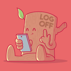 Wood Character with a cellphone vector illustration. Connection, technology, signal, internet design concept