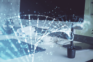 Desktop computer background and DNA drawing. Double exposure. Science concept.