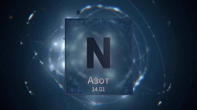 Nitrogen as Element 7 of the Periodic Table. Seamlessly looping 3D animation on blue illuminated atom design background orbiting electrons name, atomic weight element number in russian language