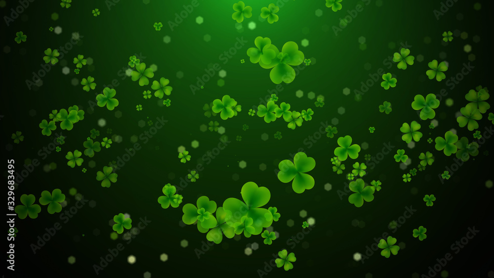 Poster green shiny three and four leaf clover flying in the air with small hexagon bokeh glitter sparkle ba
