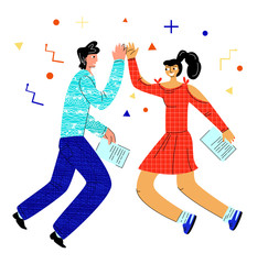 Vector flat illustration with happy young couple who give five in jump. They hold documents. Concept of winning in collaboration, study. Web design, banners, postcards, various printing, products etc.
