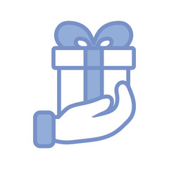 hand holding a gift box icon, blue outline style