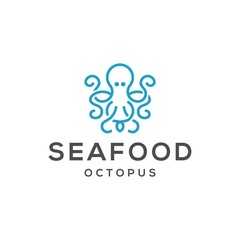Blue Octopus symbol icon for seafod restaurant or label.  isolated on white background. Vector illustration Logo template design.