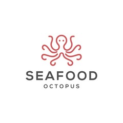 Blue Octopus symbol icon for seafod restaurant or label.  isolated on white background. Vector illustration Logo template design.